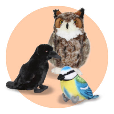 Stofftier-Vögel Eule, Rabe und Blaumeise - Kategorie Vogelwelt